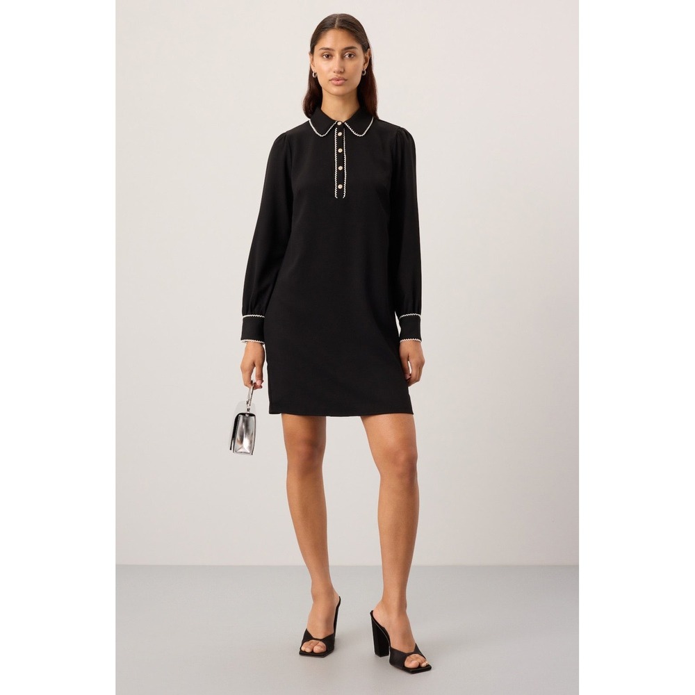 CeCe Black Long Sleeve Shift Dress Ric Rac Trim Crystal Button Polo Collar NEW